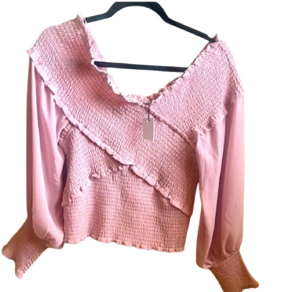 BB Dakota by Steve Madden Blush Pink Smocked Puff Sleeve Top L NWT Romantic Boho - Picture 9 of 11